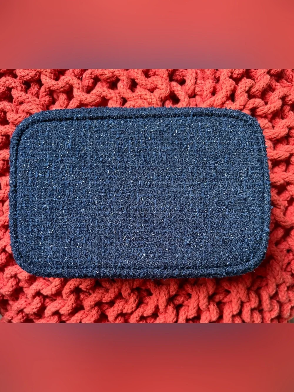 CHANEL Navy Tweed Cosmetic Pouch | Gold Logo & Camellia Charm | NIB - Pouch Only